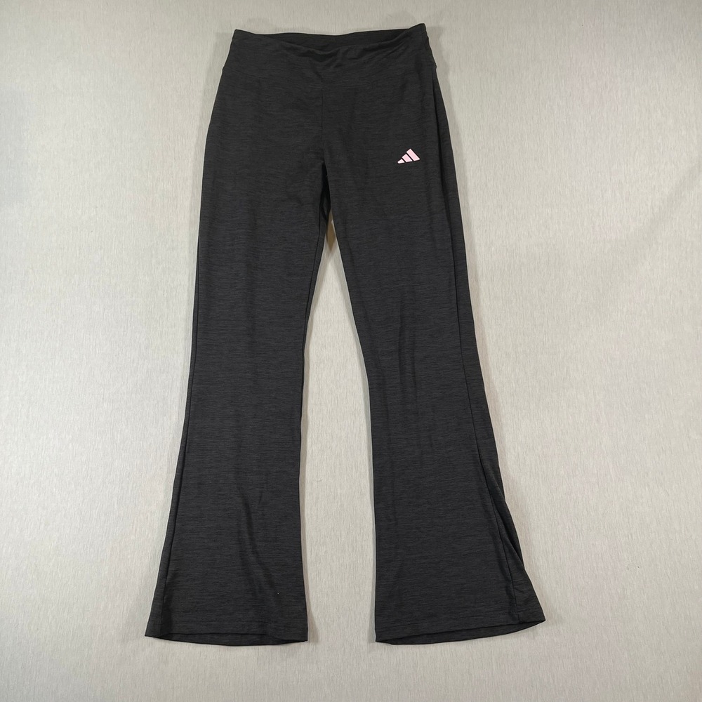 Adidas Girls Flare Yoga Pants Size L Gray Heather Leggings Pink Logo AK10510